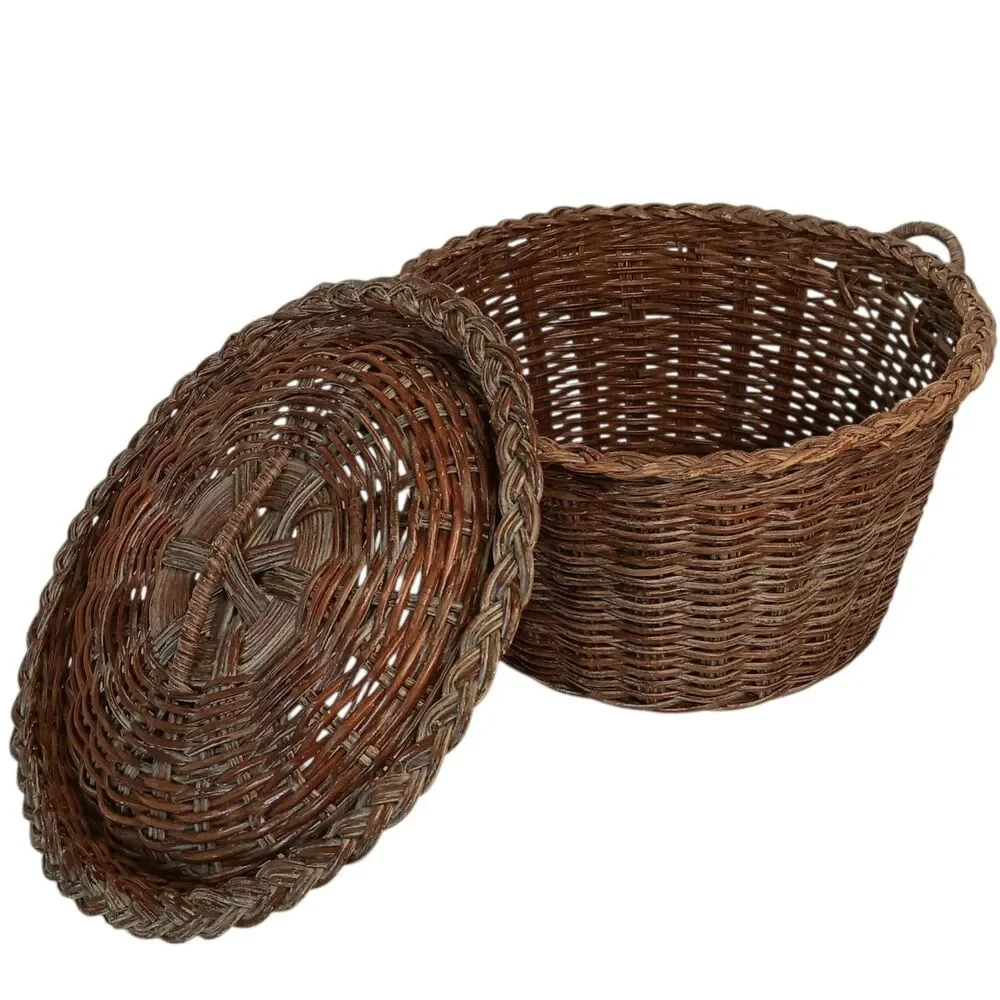 Vintage Wicker Rattan Basket With Lid Reddish Brown 12